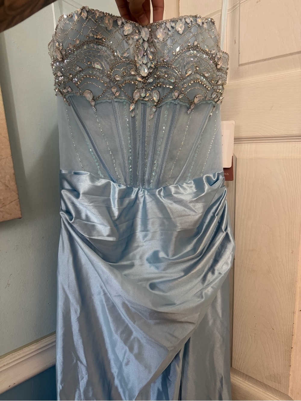 Strapless Light Blue Beaded Prom Dress